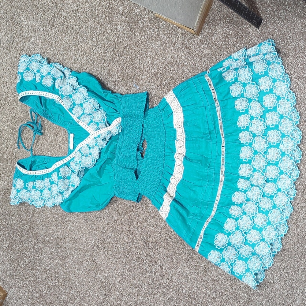 Amaya Teal Floral Ruffle Matching Skirt Set Summer Vacation Embroidery